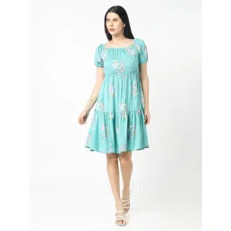 R&B Blue Viscose Floral Print Fit & Flare Dress-picture-41