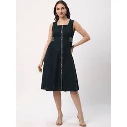 R&B Floral Embroidered Square Neck Sleeveless Cotton A-Line Dress-picture-30