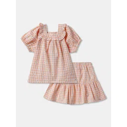 R&B Girls Checked Square Neck Short Sleeves Pure Cotton Top With Skirt-picture-53