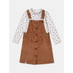 R&B Kids White & Brown Printed Regular Fit Top with Dungaree Dress-picture-31
