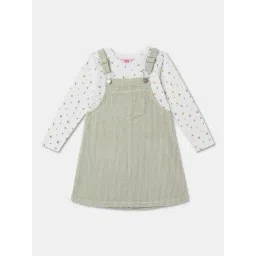 R&B Kids White & Light Green Floral Print Regular Fit Top with Dungaree Dress-picture-24