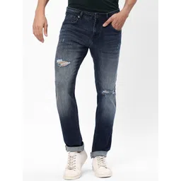 R&B Men Blue Slim Fit Mildly Distressed Heavy Fade Cotton Jeans-picture-26
