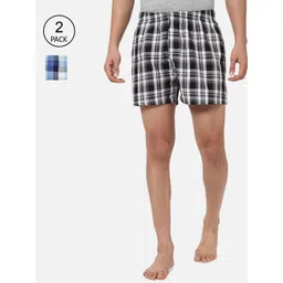 R&B Men Pack Of 2 Blue & Brown Checked Pure Cotton Boxers-picture-25