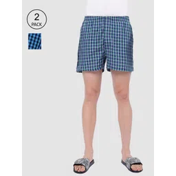R&B Men Pack Of 2 Blue & Green Checked Pure Cotton Boxers-picture-31