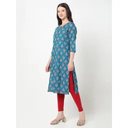 R&B Teal Cotton Printed Straight Kurta image 3