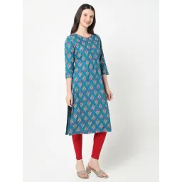 R&B Teal Cotton Printed Straight Kurta image 4