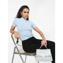 R&B Women Ribbed High Neck Short Sleeve Top-picture-15