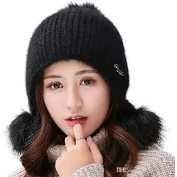 r&d Girl's & Women's Woollen Beanie Pom Pom Cap Warm Outdoor Hat for Autumn Winter (Black)-picture-43