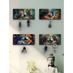 RANDOM Blue & Green 4 Pieces Radha Krishna Printed Wooden Key Holders-picture-35