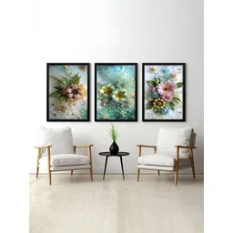 RANDOM Green & White 3 Piece Synthetic Wood Floral and Botanical Wall Paintings image 1