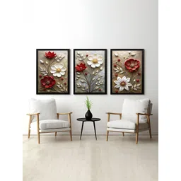 RANDOM Red & White 3 Piece Synthetic Wood Floral and Botanical Wall Paintings-picture-37