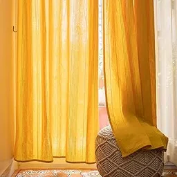 RANGBHAR Handloom Cotton Semi Sheer Curtains For Door, Cotton Semi Sheer Curtains 7 Feet Long Set Of 2 With Eyelets, (Solid Yellow, Door-7 Feet X 4 Feet)-picture-13