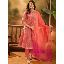 RangDeep Floral Printed Empire Zari Pure Cotton Anarkali Kurta With Trouser And Dupatta-picture-13