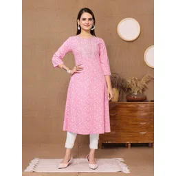 Rangita Floral Printed Round Neck Sequinned A-Line Kurta-picture-35