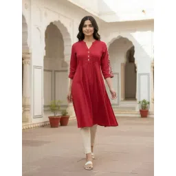 Rangita Women Maroon Rayon Embroidered A-Line Calf Length Kurta-picture-10