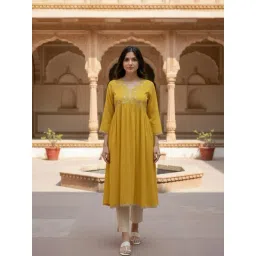 Rangita Women Mustard Rayon Slub Embroidered Anarkali Calf Length Kurta-picture-30