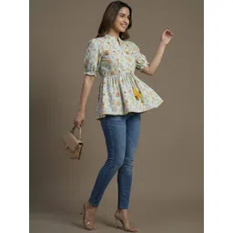 Rangkathaa Floral Print Mandarin Collar Puff Sleeve Cotton Peplum Top-picture-14