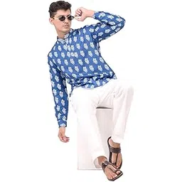 rangkathaa Royal Blue Printed Cotton Short Kurta for Men – Stylish Ethnic Wear | Casual & Festive Short Kurta Shirt | Comfortable Summer Cotton Kurta Top-picture-28