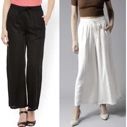 rangkriti Pack of 2 Women Regular Fit Black, White Viscose Rayon Trousers-picture-12