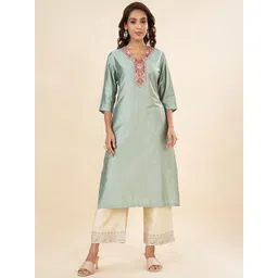 RANGMANCH BY PANTALOONS Ethnic Motifs Embroidered V-Neck Thread Work Kurta-picture-27