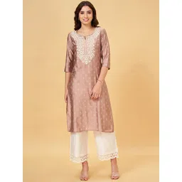 RANGMANCH BY PANTALOONS Ethnic Motifs Round Neck Thread Work Straight Kurta-picture-25