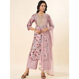 RANGMANCH BY PANTALOONS Floral Embroidered Zari Kurta With Trousers & Dupatta-picture-27