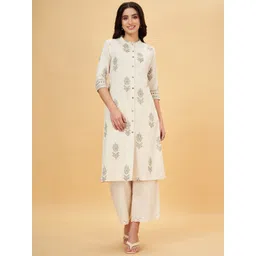 RANGMANCH BY PANTALOONS Mandarin Collar Thread Work Cotton Straight Kurta-picture-32