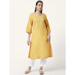 Rangmanch by Pantaloons Mustard Cotton Embroidered A Line Kurta-picture-21