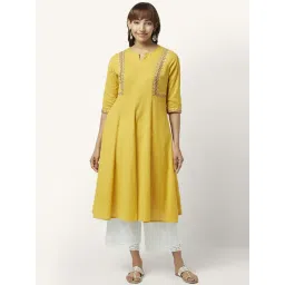 Rangmanch by Pantaloons Mustard Cotton Embroidered Flared Kurta-picture-30