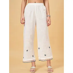 RANGMANCH BY PANTALOONS Women Floral Embroidered Cropped Cotton Parallel Trousers-picture-25