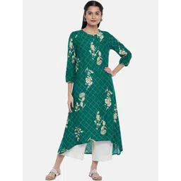 RANGMANCH BY PANTALOONS Women Green Printed Keyhole Neck Flared Sleeves Thread Work Kurta-picture-21