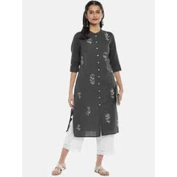 RANGMANCH BY PANTALOONS Women Grey & White Floral Embroidered Kurta image 1