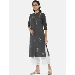 RANGMANCH BY PANTALOONS Women Grey & White Floral Embroidered Kurta image 4