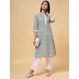 RANGMANCH BY PANTALOONS Women Teal Floral Printed Pure Cotton Kurta with Trousers-picture-41