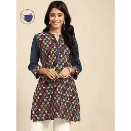RANGMAYEE Navy Blue & Red Sanganeri Block Print Pure Cotton Kurti with Mask-picture-22