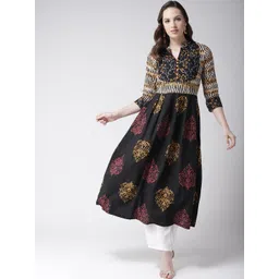 RANGMAYEE Women Black & Mustard Yellow Screen Print A-Line Kurta-picture-14