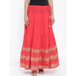 RANGMAYEE Women Coral Red & Gold Printed Tiered Maxi Skirt-picture-30