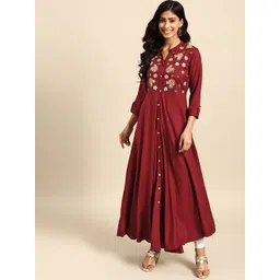 Rangmayee Women Maroon & Yellow Floral Yoke Design Anarkali Kurta-picture-12