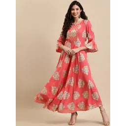 RANGMAYEE Women Peach-Coloured Ethnic Motifs Printed Gotta Patti Ethnic Maxi Dress-picture-30