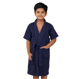 Rangoli Mini Noble Cotton Full Sleeves Solid Ultra Soft Bathrobe With Attached Adjustable Belt - Navy Blue-picture-20