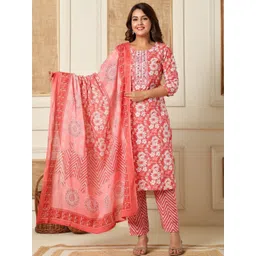 RangRaazi Floral Printed Mirror Work Pure Cotton Kurta With Trousers & Dupatta-picture-29