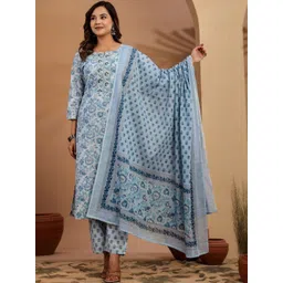 RangRaazi Floral Printed Regular Thread Work Pure Cotton Kurta With Trousers Dupatta-picture-19