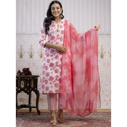 RANGREAL Floral Printed V Neck Pure Cotton Kurta With Trousers & Dupatta-picture-23