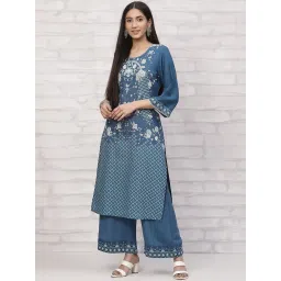Rangriti Blue Printed Straight Kurta image 1