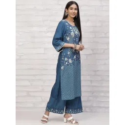 Rangriti Blue Printed Straight Kurta image 4