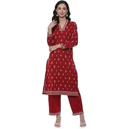 rangriti Deep Red Jacquard Straight Printed Kurta Palazzo Suit Set For Women-picture-19