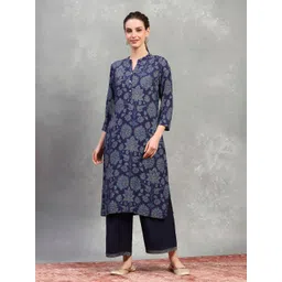 Rangriti Ethnic Motifs Printed Mandarin Collar Thread Work A-Line Kurtas-picture-14