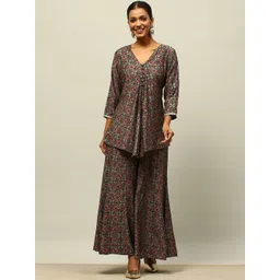 Rangriti Ethnic Motifs Printed Pleated V-Neck A-Line Kurti With Palazzo-picture-37