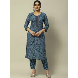 Rangriti Floral Printed Notch Neck Straight Kurta With Trouser-picture-30