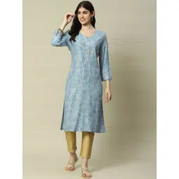 Rangriti Floral Printed Notched Round Neck Straight Kurta-picture-15